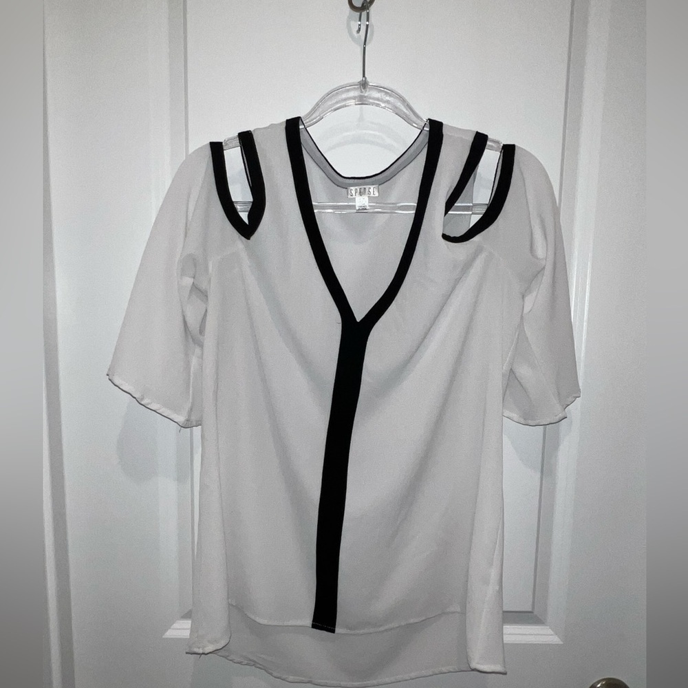 Spense Black White Open Shoulder Blouse Medium